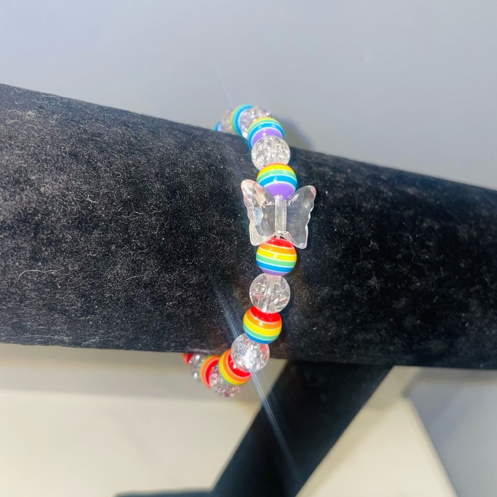 Handmade Rainbow Resin & Crackle Bead Bracelet – Clear Butterfly Charm - Picture 3 of 3
